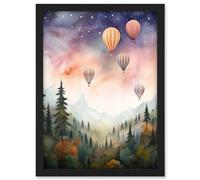 Artery8 Hot Air Balloons Over Misty Forest Landscape Watercolour Painting Orange Green Purple Dreamy Dusk Sky Stars Kids Bedroom Artwork Framed A3 Wall Art Print