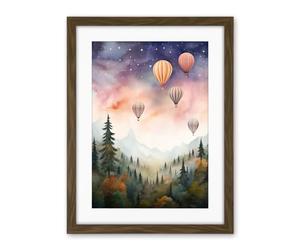 Artery8 Hot Air Balloons Over Misty Forest Landscape Watercolour Painting Orange Green Purple Dreamy Dusk Sky Stars Kids Bedroom Artwork Framed Wall Art Print 18X24 Inch