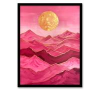 Artery8 Hot Pink Gold Sun Mountains Sunset Landscape Living Room Artwork Framed Wall Art Print A4