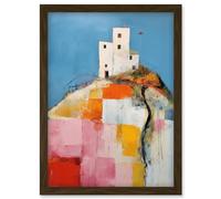 Artery8 House on the Hill Oil Painting Abstract Geometric Patchwork Palette Knife Pastel Colour Rural Landscape Artwork Framed Wall Art Print A4