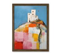 Artery8 House on the Hill Oil Painting Abstract Geometric Patchwork Palette Knife Pastel Colour Rural Landscape Artwork Framed Wall Art Print 18X24 Inch