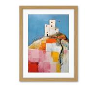 Artery8 House on the Hill Oil Painting Abstract Geometric Patchwork Palette Knife Pastel Colour Rural Landscape Artwork Framed Wall Art Print 18X24 Inch