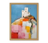 Artery8 House on the Hill Oil Painting Abstract Geometric Patchwork Palette Knife Pastel Colour Rural Landscape Artwork Framed Wall Art Print 18X24 Inch
