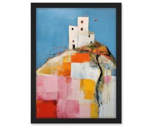 Artery8 House on the Hill Oil Painting Abstract Geometric Patchwork Palette Knife Pastel Colour Rural Landscape Artwork Framed A3 Wall Art Print