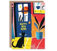 Artery8 Housewarming Card Black Cat Lover Happy Pet Waiting By Door Painting Blank Arty Art All Occasion Greeting Card