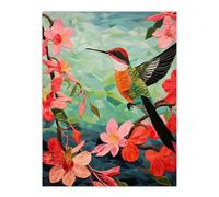 Artery8 Hummingbird and Pink Hibiscus Flowers Colourful Textile Quilt Design with Spring Blooms Extra Large XL Wall Art Poster Print