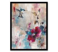 Artery8 Hummingbird and Zinnia Flower Blooms Oil Painting Living Room Artwork Framed Wall Art Print 18X24 Inch