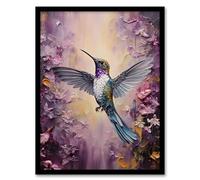 Artery8 Hummingbird In An Abstract Lavender Flower Field Bright Oil Painting Artwork Framed Wall Art Print A4