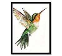 Artery8 Hummingbird in Flight Green Orange Watercolour Living Room Artwork Framed Wall Art Print A4