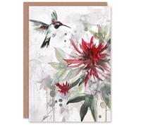 Artery8 Greeting Card Hummingbird Red Monarda Flowers Watercolour For Her Woman Birthday Card