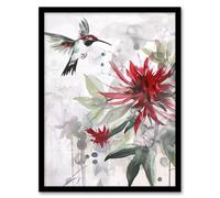 Artery8 Hummingbird Red Monarda Flowers Watercolour Framed Art Print | Size: W12" x H16" Artery8 Red W12" x H16"