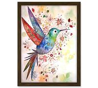 Artery8 Hummingbird With Flower Patterns Folk Art Watercolour Painting Artwork Framed A3 Wall Art Print