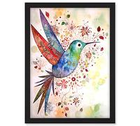 Artery8 Hummingbird With Flower Patterns Folk Art Watercolour Painting Artwork Framed A3 Wall Art Print