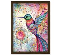 Artery8 Hummingbird With Mandala Patterns Colourful Folk Art Watercolour Painting Artwork Framed A3 Wall Art Print