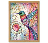 Artery8 Hummingbird With Mandala Patterns Colourful Folk Art Watercolour Painting Artwork Framed A3 Wall Art Print