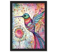 Artery8 Hummingbird With Mandala Patterns Colourful Folk Art Watercolour Painting Artwork Framed A3 Wall Art Print