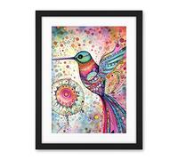 Artery8 Hummingbird With Mandala Patterns Colourful Folk Art Watercolour Painting Artwork Framed Wall Art Print 18X24 Inch