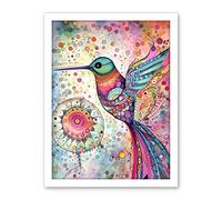 Artery8 Hummingbird With Mandala Patterns Colourful Folk Art Watercolour Painting Artwork Framed Wall Art Print 18X24 Inch