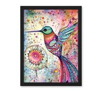 Artery8 Hummingbird With Mandala Patterns Colourful Folk Art Watercolour Painting Artwork Framed Wall Art Print 18X24 Inch