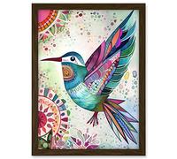 Artery8 Hummingbird With Multicolour Mandala Patterns Folk Art Watercolour Painting Artwork Framed A3 Wall Art Print