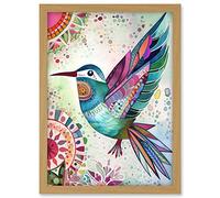 Artery8 Hummingbird With Multicolour Mandala Patterns Folk Art Watercolour Painting Artwork Framed A3 Wall Art Print