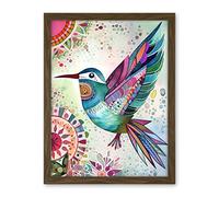Artery8 Hummingbird With Multicolour Mandala Patterns Folk Art Watercolour Painting Artwork Framed Wall Art Print 18X24 Inch