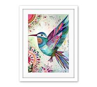 Artery8 Hummingbird With Multicolour Mandala Patterns Folk Art Watercolour Painting Artwork Framed Wall Art Print 18X24 Inch