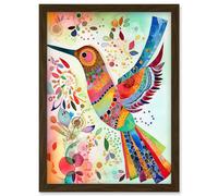 Artery8 Hummingbird With Multicolour Pattern Feathers Folk Art Watercolour Painting Artwork Framed Wall Art Print A4 in Brown Artery8 Brown