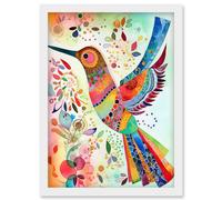 Artery8 Hummingbird With Multicolour Pattern Feathers Folk Art Watercolour Painting Artwork Framed Wall Art Print A4 in White Artery8 White