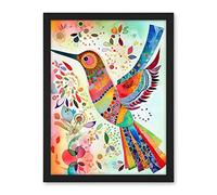 Artery8 Hummingbird With Multicolour Pattern Feathers Folk Art Watercolour Painting Artwork Framed Wall Art Print 18X24 Inch