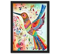 Artery8 Hummingbird With Multicolour Pattern Feathers Folk Art Watercolour Painting Wall Art Print - A4 Size