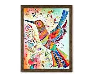 Artery8 Hummingbird With Multicolour Pattern Feathers Folk Art Watercolour Painting Artwork Framed Wall Art Print 18X24 Inch