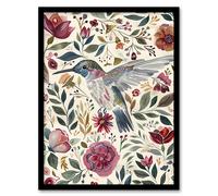 Artery8 Hummingbird with Rustic Flower Pattern Muted Tones Living Room Artwork Framed Wall Art Print A4