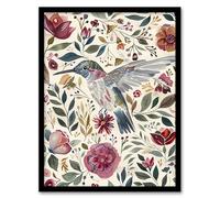 Artery8 Hummingbird with Rustic Flower Pattern Muted Tones Living Room Artwork Framed Wall Art Print A4