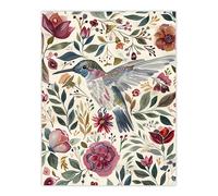 Artery8 Hummingbird with Rustic Flower Pattern Muted Tones Wall Art Print | Size: W12" x H16" Artery8 Multicolor W12" x H16"