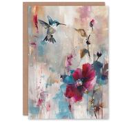 Artery8 Greeting Card Hummingbird and Zinnia Flower Blooms Oil Painting For Her Woman Birthday Card