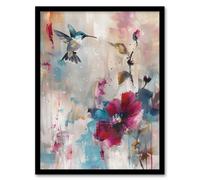 Artery8 Hummingbird and Zinnia Flower Blooms Oil Painting Living Room Art Print Framed Poster Wall Decor 12x16 inch