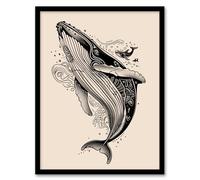 Artery8 Humpback Whale with Tribal Patterns Tattoo Style Bathroom Toilet Artwork Framed Wall Art Print 18X24 Inch
