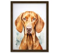 Artery8 Hungarian Vizsla Dog Soft Watercolour Artwork Golden Rust Teal Bright Portrait Artwork Framed Wall Art Print A4