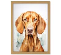 Artery8 Hungarian Vizsla Dog Soft Watercolour Artwork Golden Rust Teal Bright Portrait Artwork Framed A3 Wall Art Print