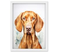 Artery8 Hungarian Vizsla Dog Soft Watercolour Artwork Golden Rust Teal Bright Portrait Artwork Framed Wall Art Print A4