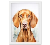 Artery8 Hungarian Vizsla Dog Soft Watercolour Artwork Golden Rust Teal Bright Portrait Artwork Framed A3 Wall Art Print