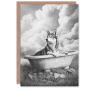 Artery8 Husky Bath Time Bathtub Black White Surreal Birthday Greeting Card in Grey Artery8 Grey