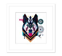 Artery8 Husky Dog Geometric Steampunk Pet Blue Teal Orange Navy Painting Square Wooden Framed Wall Art Print Picture 8X8 Inch in White Artery8 White