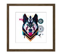 Artery8 Husky Dog Geometric Steampunk Pet Blue Teal Orange Navy Painting Square Wooden Framed Wall Art Print Picture 8X8 Inch in Brown Artery8 Brown