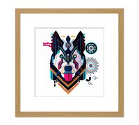 Artery8 Husky Dog Geometric Steampunk Pet Blue Teal Orange Navy Painting Square Wooden Framed Wall Art Print Picture 8X8 Inch in Light Oak Artery8 Light Oak