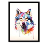 Artery8 Husky Dog Lover Gift Pet Portrait Rainbow Colours Artwork Painting Artwork Framed Wall Art Print A4