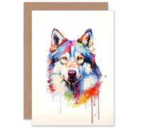 Artery8 Husky Dog Lover Gift Pet Portrait Rainbow Colours Artwork Painting Sealed Greeting Card Plus Envelope Blank inside