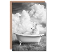 Artery8 Husky in a Bathtub on Field Black White Surreal Birthday Greeting Card in Grey Artery8 Grey