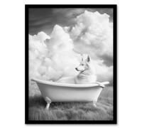 Artery8 Husky in a Bathtub on Field Black White Surreal Bathroom Toilet Artwork Framed Wall Art Print A4